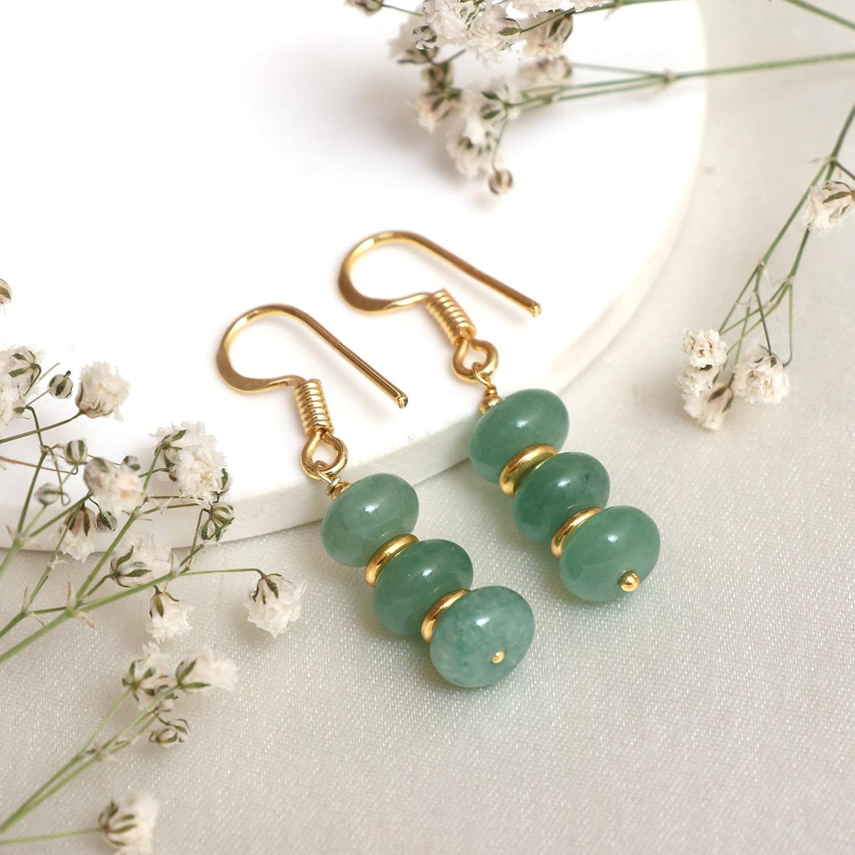 Gempires Natural Gemstone Rondelle Bead Earrings for Women | 8mm Beaded Drop Dangle Earrings | Gold Plated Hypoallergenic Hook Jewelry | Handmade Lightweight Crystal Earrings