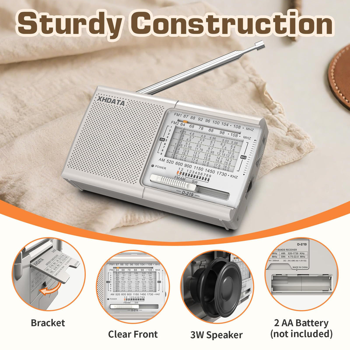 XHDATA D219 Portable Radio Retro FM AM SW Radio Battery Operated for Household Outdoor Camping Hiking Pocket Radio Grey