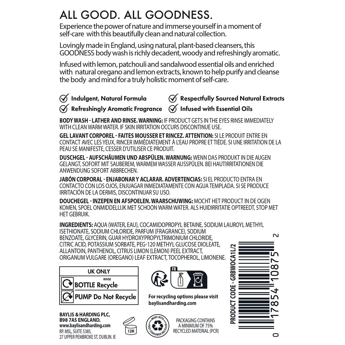 Baylis & Harding Goodness Natural Body Wash 500ml 3 pack