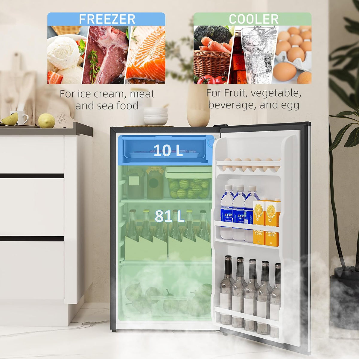 HOMCOM Under Counter Fridge 91L Small Fridge with Chiller Box Silver Tone