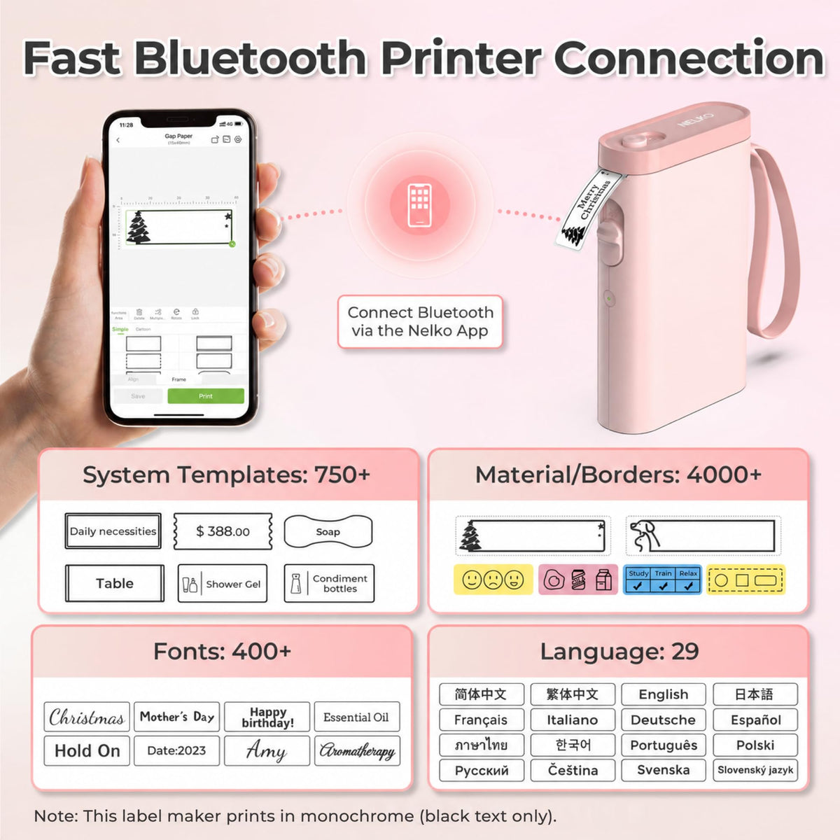Nelko Label Maker P21 Portable Bluetooth Sticker Printer with Tape, Black