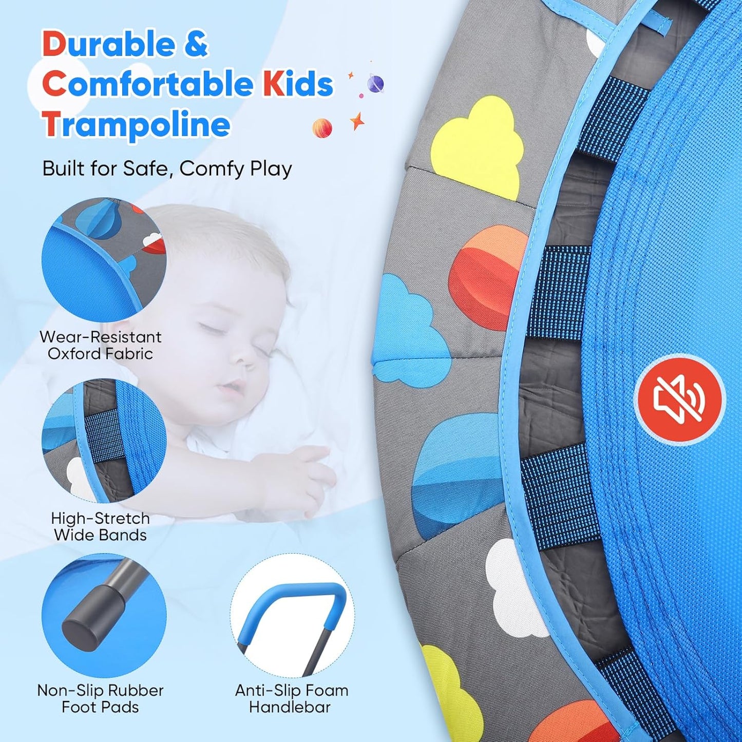 Foldable Fitness Trampoline with 100 Balls Ball Pit, Low Noise Adjustable Safety Cover and Removable Handlebar, Reinforced Oxford Fabric Quiet Exercise Rebounder for Kids Adults, Max Load 150kg