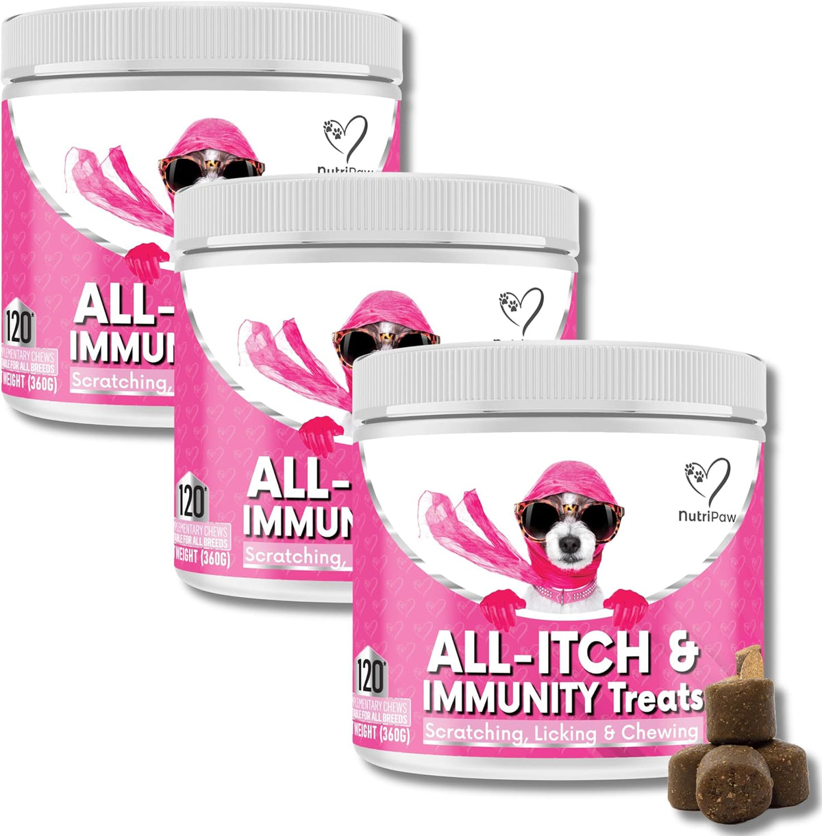 NutriPaw All-Itch Immunity Treats For Dogs - Soothe Itchy Paws, Eyes, Ears, Skin - Stop Itching, Licking, Scratching - Good for Small, Medium & Large Dogs - Supports Seasonal Itching - Trio Value Pack