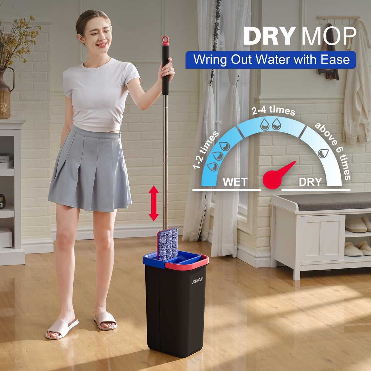 JOYMOOP Mop and Bucket with Wringer Set, Hands Free Flat Floor Mop and Bucket, with 3 Washable Microfiber Pads, Wet and Dry Use, Floor Cleaning System