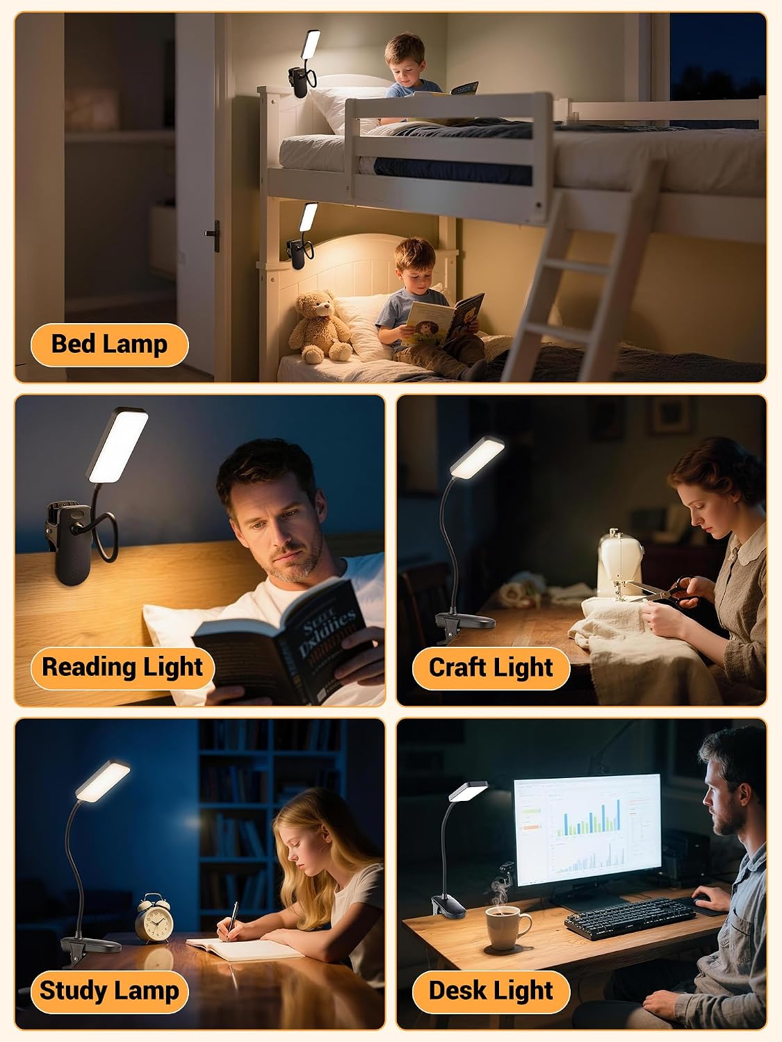 Reading Light,9 Brightness+5 Colors Clip on Light, LED Desk Lamp Table Lamp