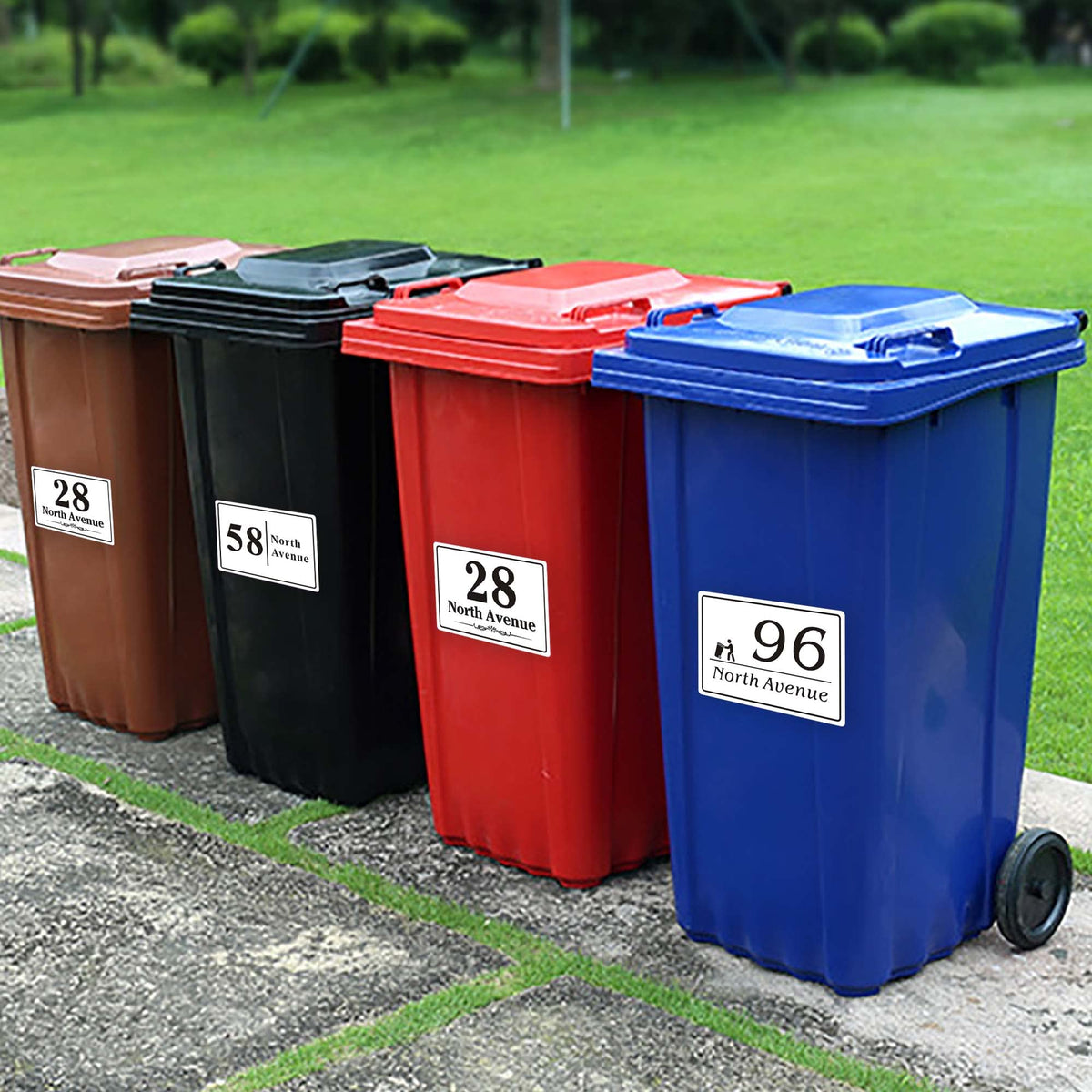 EDSG 4 x Wheelie Bin Stickers, Personalised Bin Numbers for Wheelie Bins, Custom Wheelies Bins Numbers Stickers, Number Sticker with House Number Street Name (Design 2)