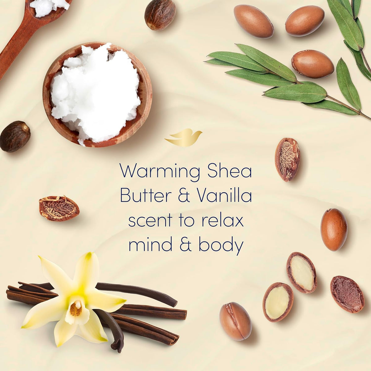 Dove Calming Caring Bath Bath Soak with ¼ moisturising cream, shea butter & warm vanilla for an indulgent bubble bath 450 ml