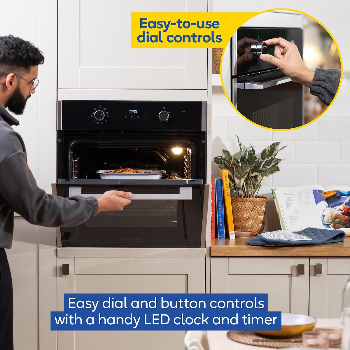 Russell Hobbs Built-in Multifunctional Electric Fan-Assisted Oven 70L in Black with 10 Functions, Double-Glazed Door, A Energy Rating, Grill Function, LED Clock & Timer, Easy-Clean Interior, RHEO7011B