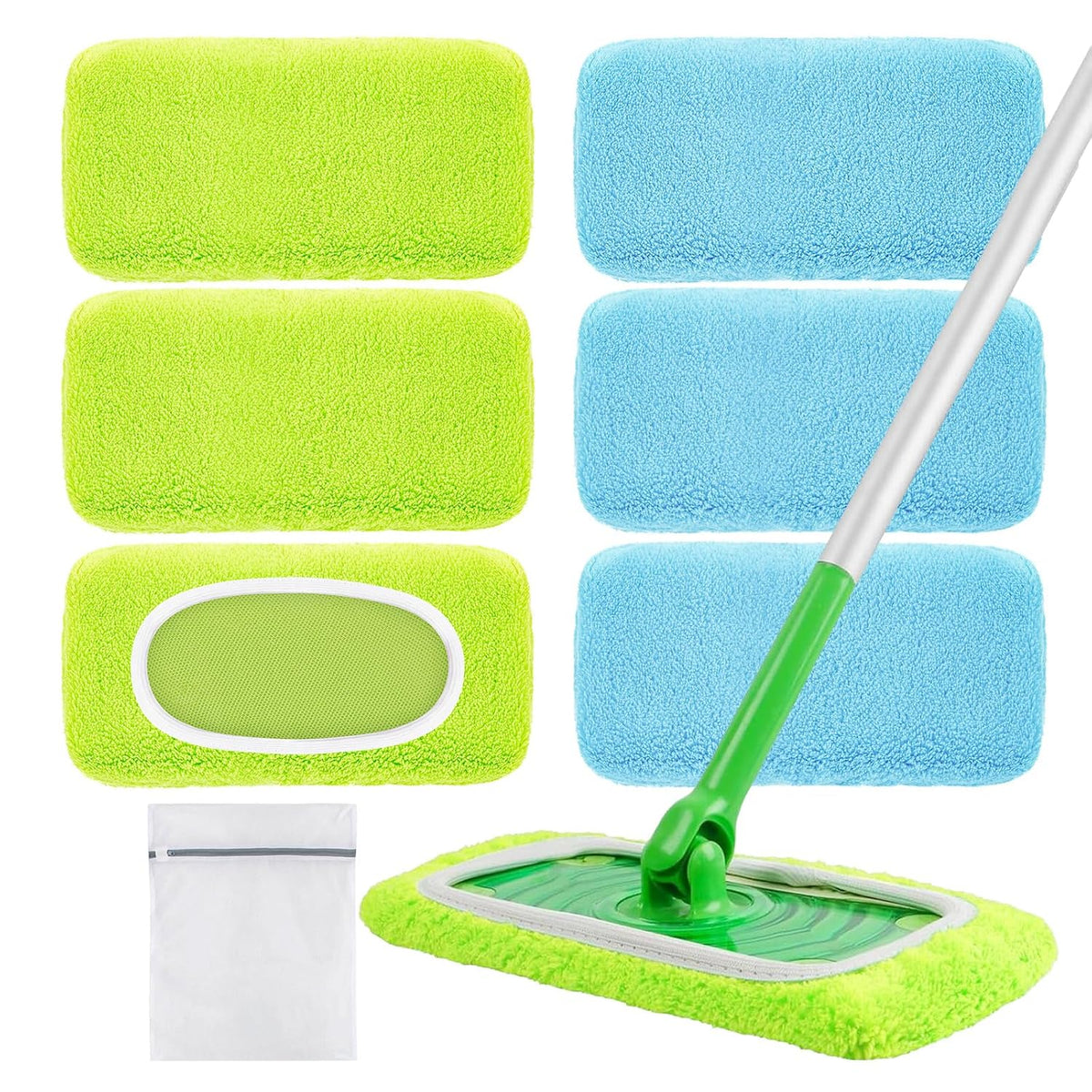 6 Pack Reusable Mop Pads Compatible with Flash Speed Mop, Microfiber Washable Speed Mop Refill Wipes, Dry & Wet Sweeping Mopping Cloths (Yellow-Green + Sky Blue)