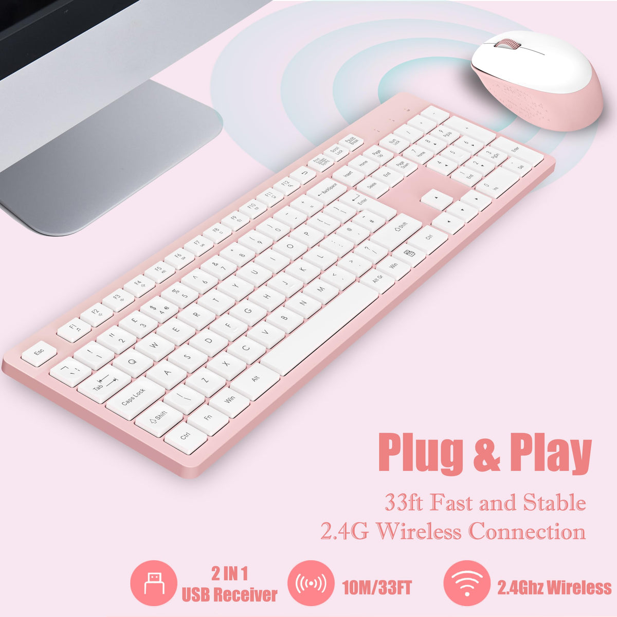 LeadsaiL Wireless Keyboard and Mouse Set, 2.4GHz USB Computer Keyboards and Mouse Combo, Full Size UK QWERTY Layout, Ergonomic Design with 12 Multimedia Shortcuts for HP/Lenovo Laptop and Mac-Purple