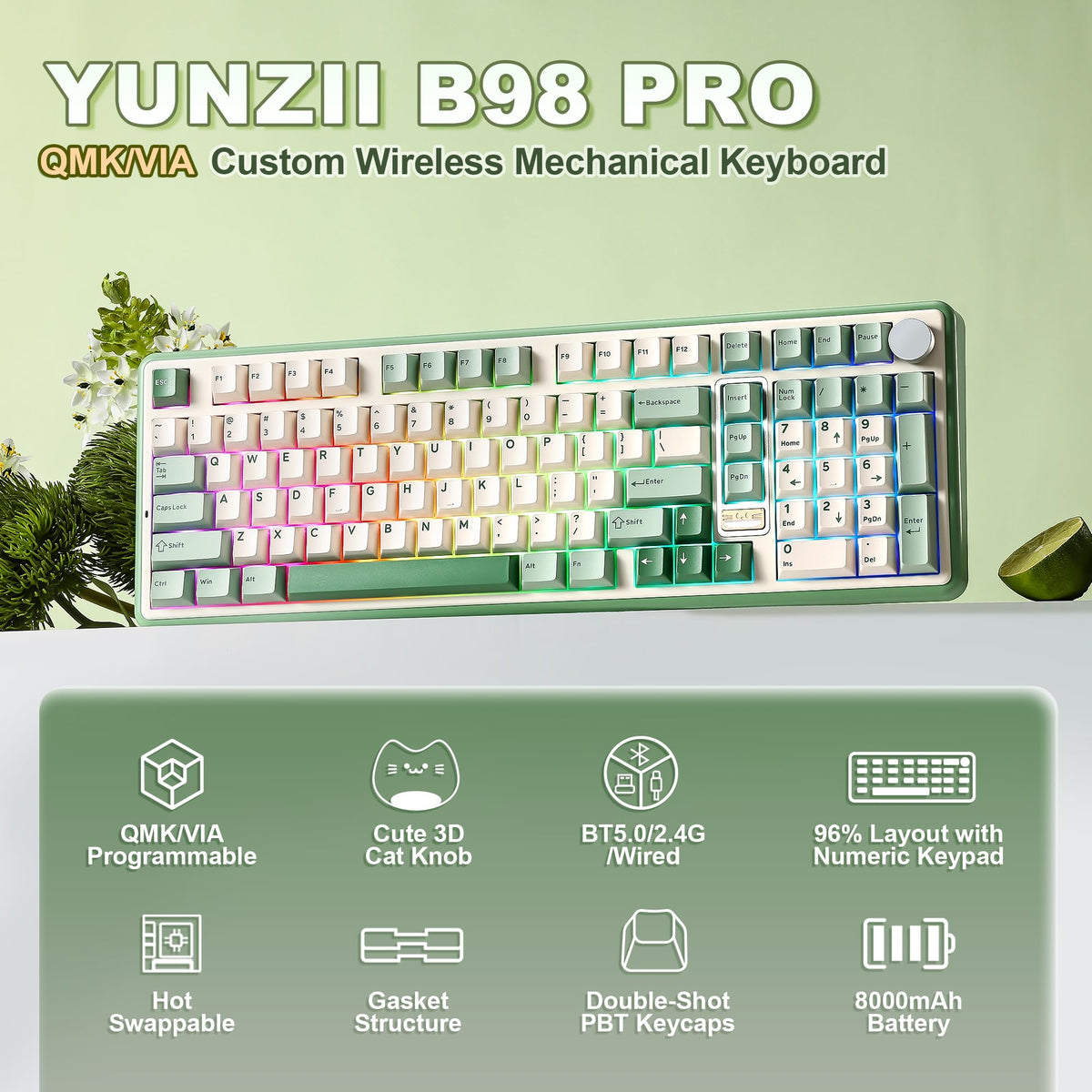 YUNZII B98 PRO 96% Wireless Mechanical Keyboard (Matcha Green, Candy Switch)