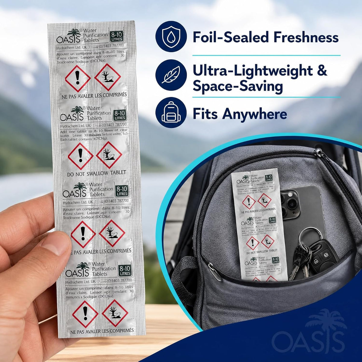 Oasis 67mg Water Purification Tablets 200 Tablets - Treats 2,000 Litres Emergency Water Purification Tablets, Water Purification for Camping, Hiking Etc