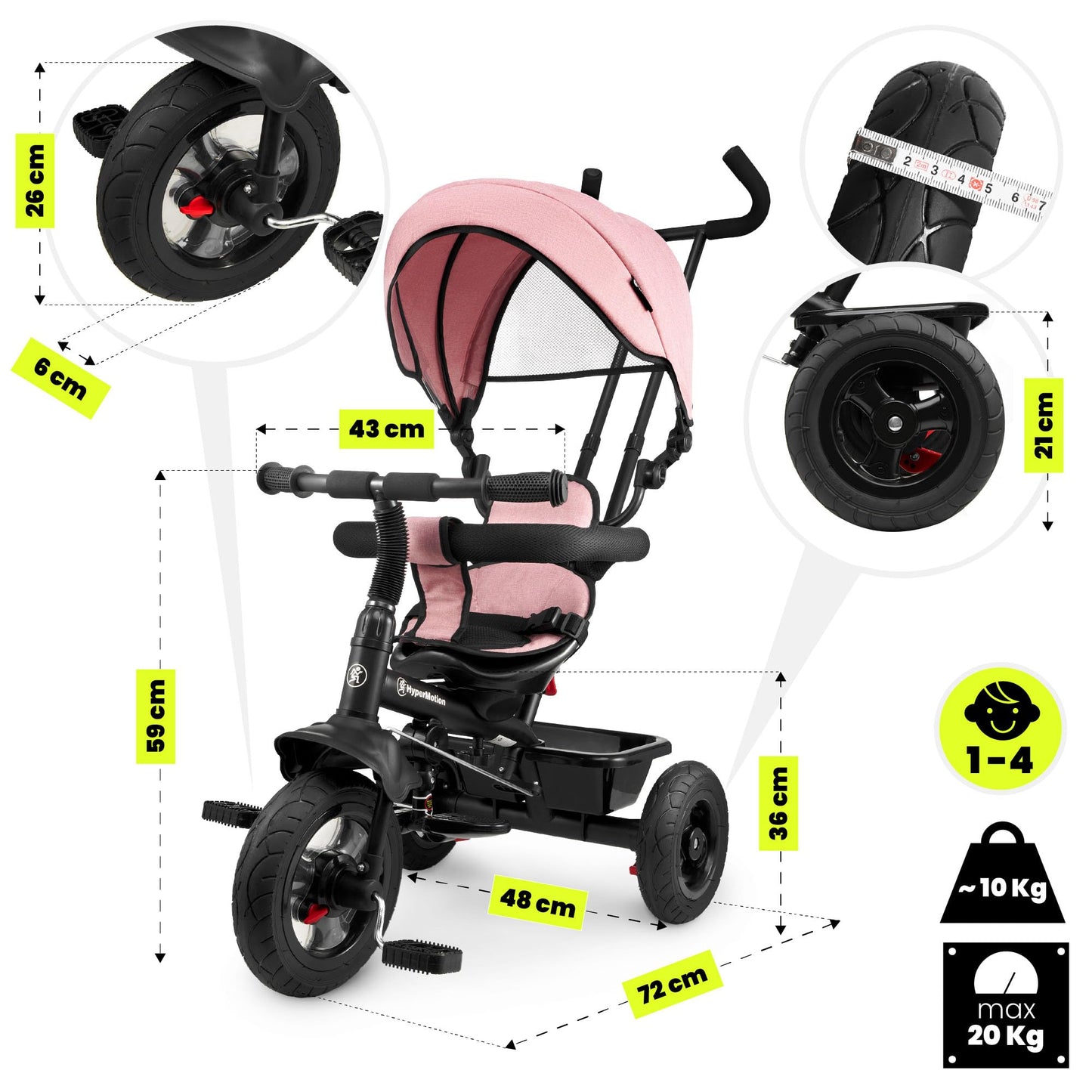 HyperMotion Toddler Tricycle with Parent Handle, Canopy, Safety Belt & Basket — From 12 Months