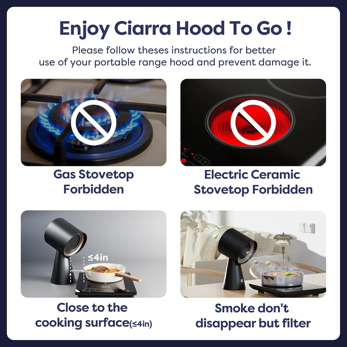CIARRA CBPHW01 Portable Desktop Cooker Hood Recirculating 2 Speeds White