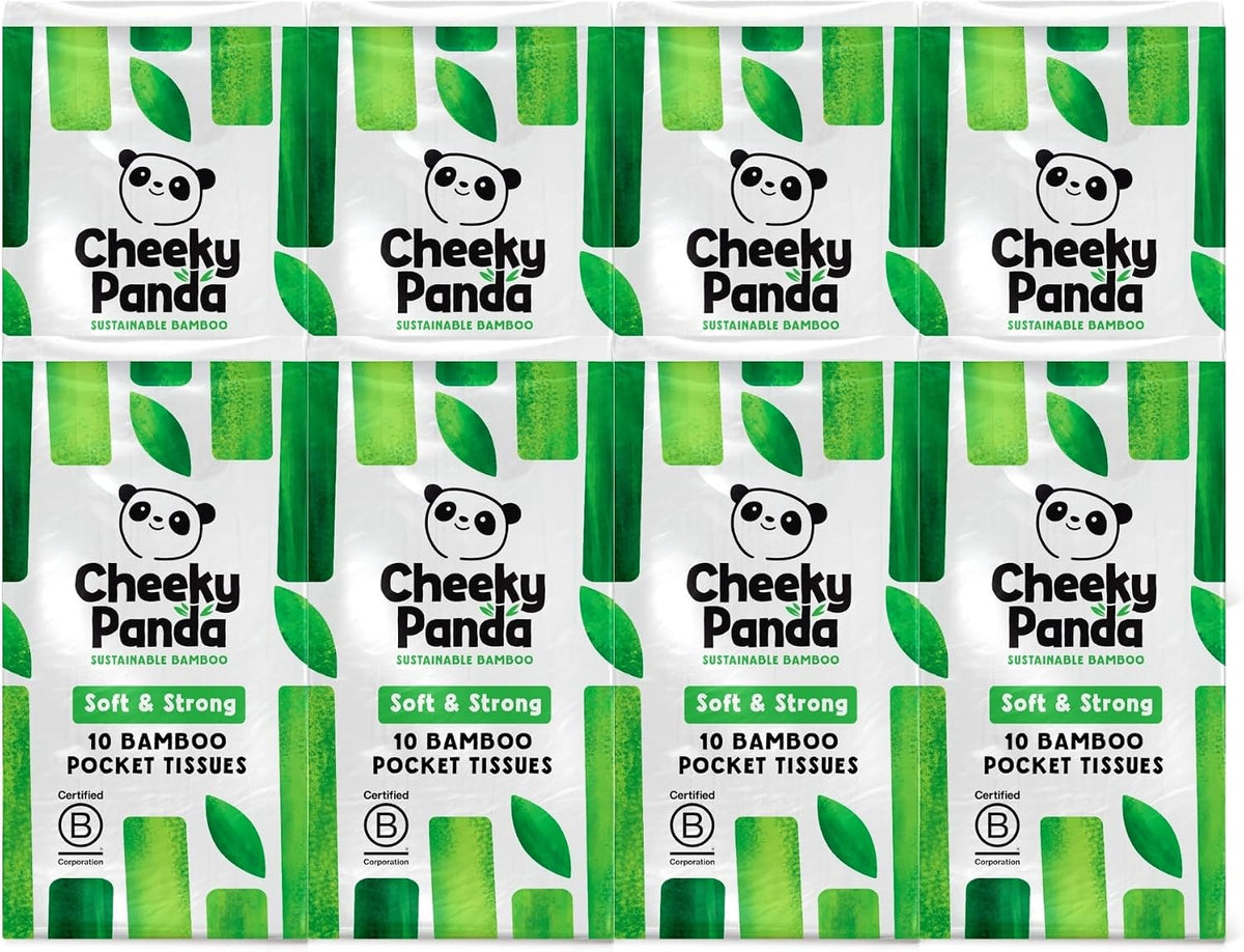 The Cheeky Panda Bamboo Pocket Tissues, 8 Pack of 10 Hypoallergenic Tissues, Ultra Soft, 3-Ply, White, Travel Size