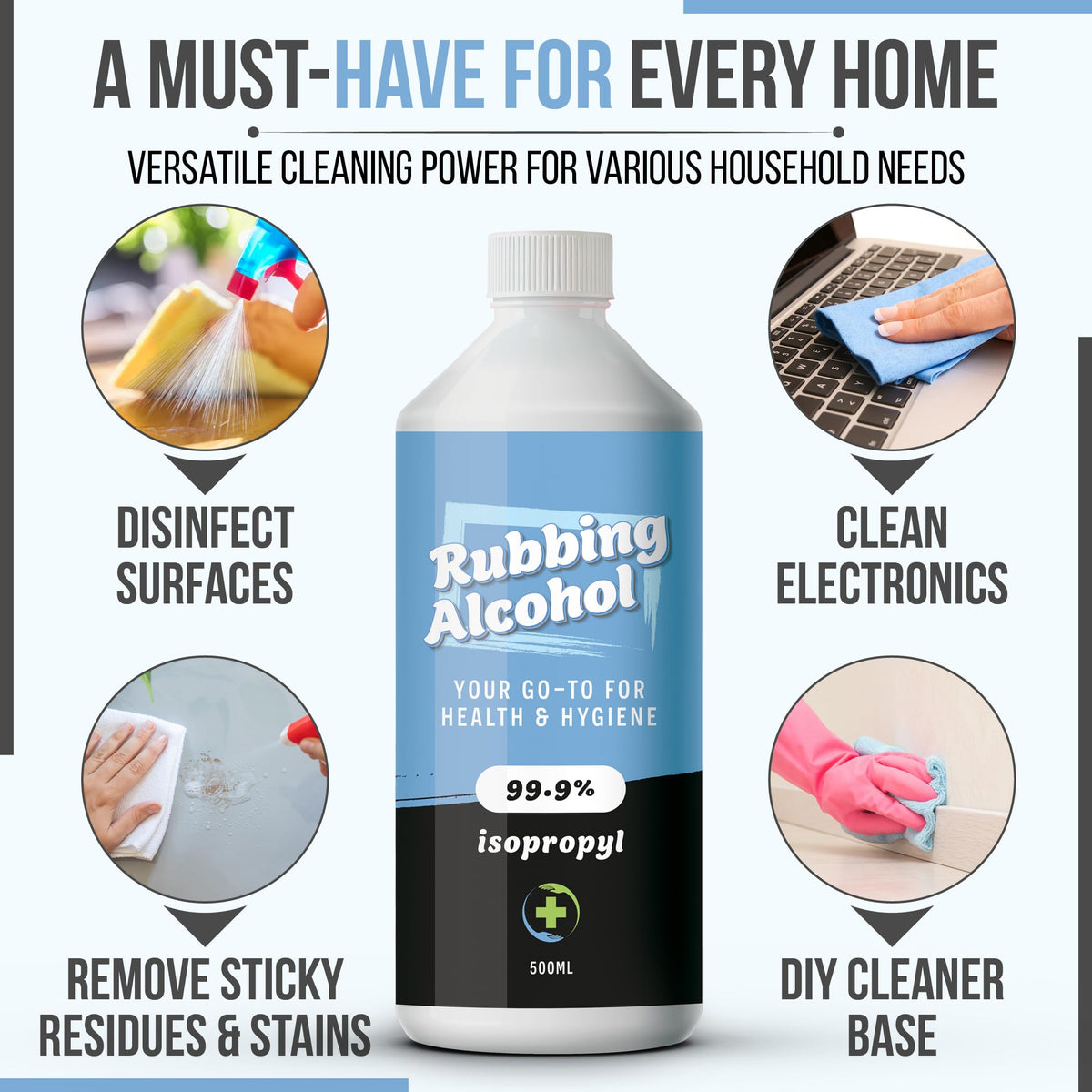 Rubbing Alcohol 1 Litre 99.9% Pure Isopropanol IPA for Cleaning, Disinfecting, Degreaser, Medical Use, Solvent for Electronics, Glass, De-icer, Painting