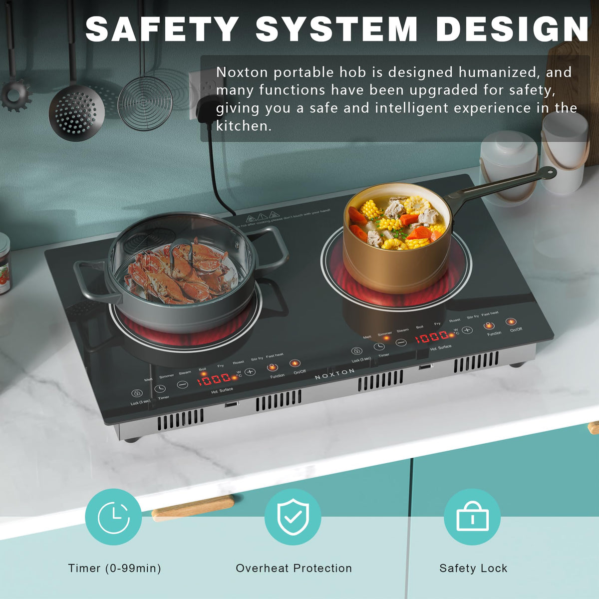 Noxton 2 Zone Ceramic Hob 30cm Electric Hob with Timer, Safe Lock, Pause Coutertop Use Hob with 13AMP Plug 2800W