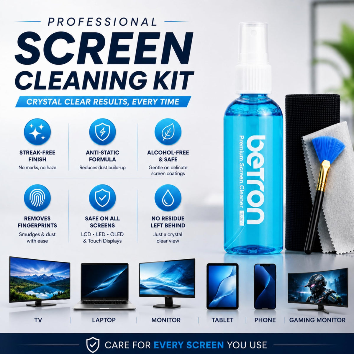 Betron Screen Cleaner Spray Kit with Cloth for TV, Laptop, Monitor, 200ml