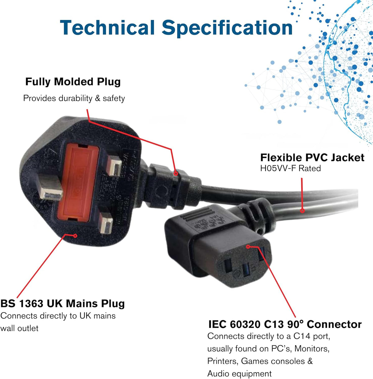 C2G C2G82037 10 Metre 17 AWG 90 degree power cable (IEC320C13R to BS1363) Right Angle Kettle lead, Black