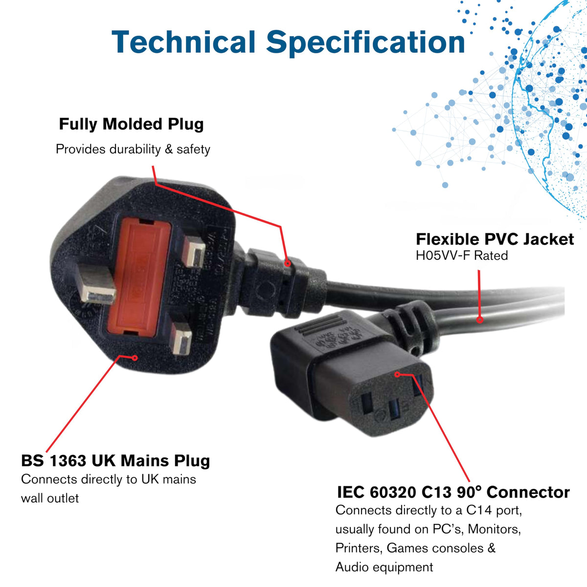 C2G C2G82037 10 Metre 17 AWG 90 degree power cable (IEC320C13R to BS1363) Right Angle Kettle lead, Black