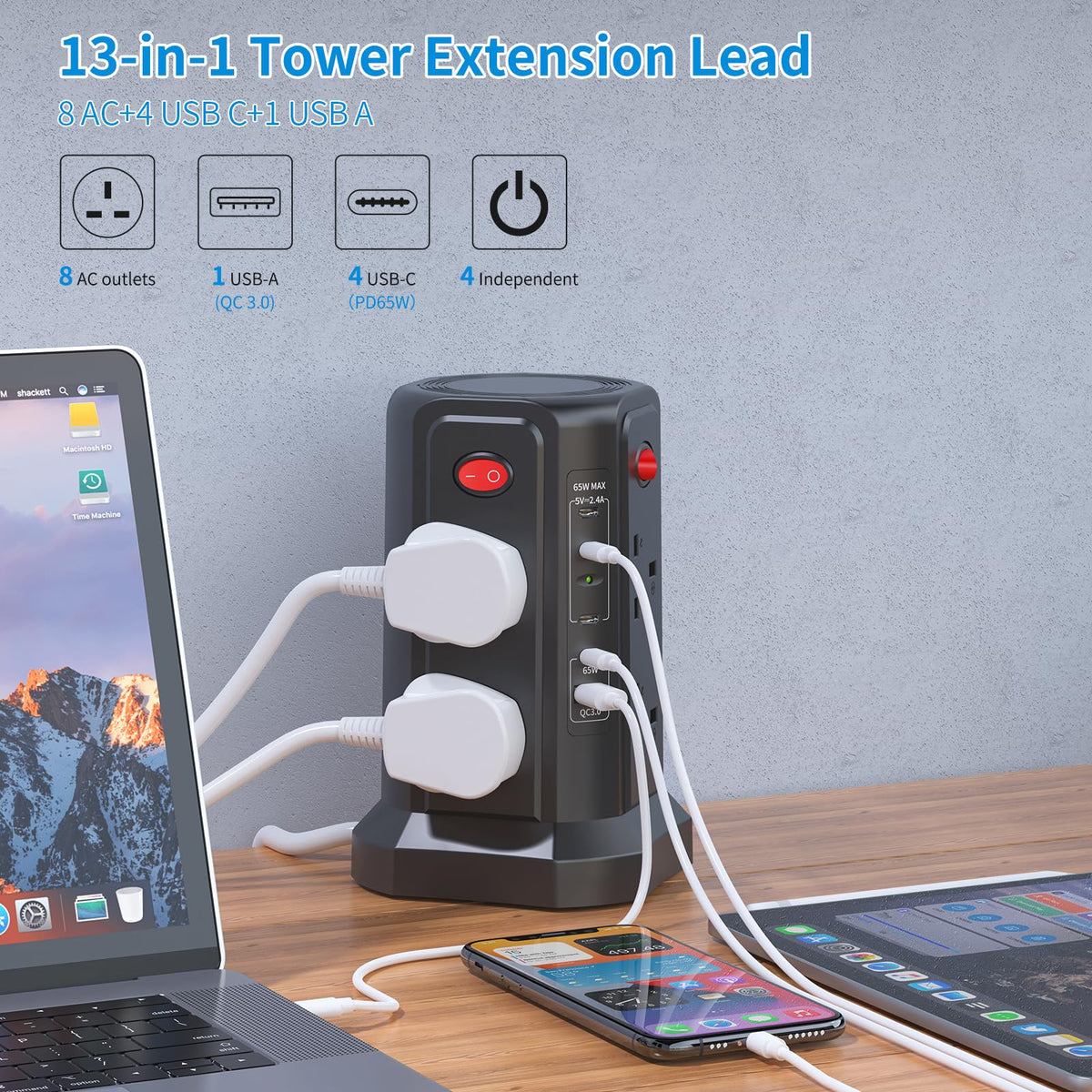 HAFINO Tower Extension Lead 3M with USB Slots and Night Light, 4 Switches