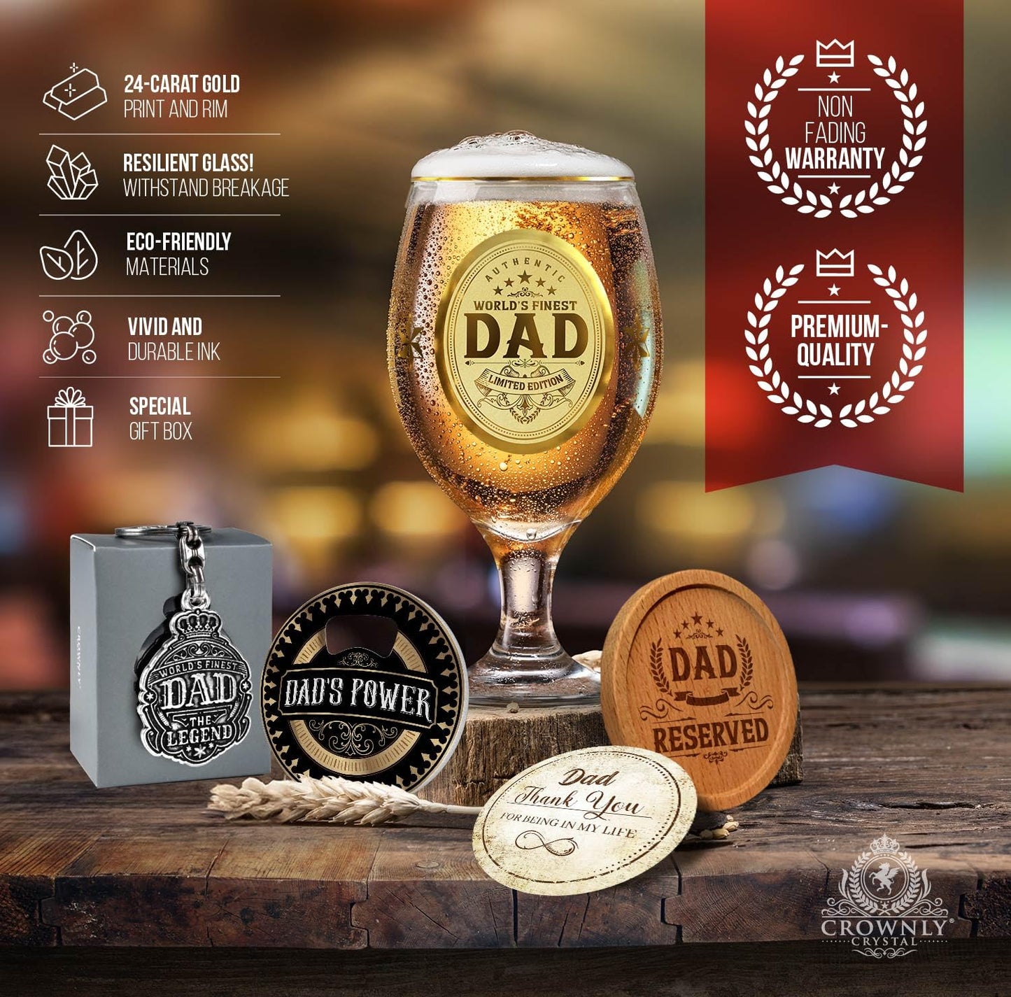 Crownly Crystal® Gold Birthday Gifts: Dad's Beer Glasses