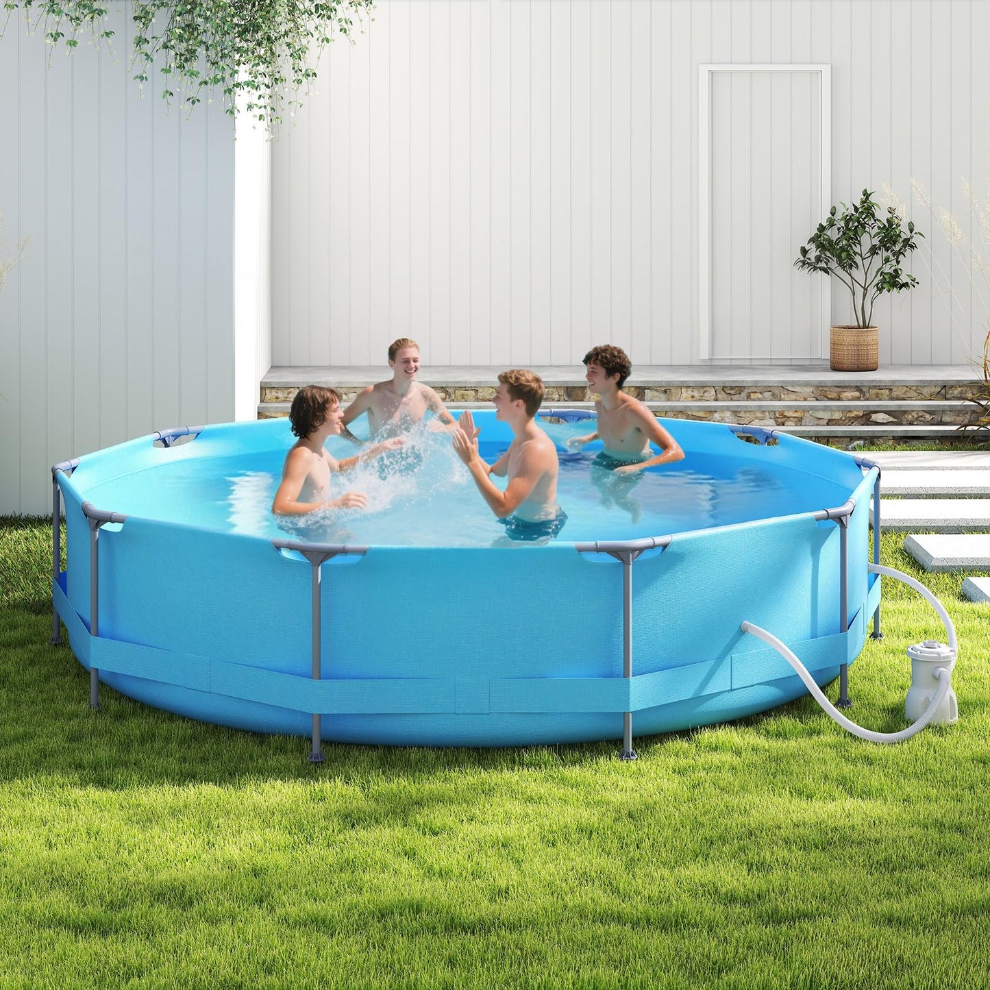 COSTWAY Above Ground Swimming Pool, Outdoor Round/Rectangular Large Framed Pool Set, Metal Frame Garden Family Pools for Kids and Adults (Gray, 300 x 207 x 66 cm, Rectangular)