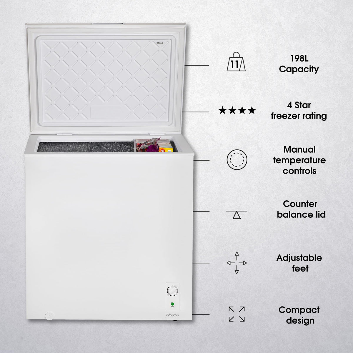 Abode Freestanding White Chest Freezer 99L with Removable Wire Basket & Counter Balance Lid, Adjustable Thermostat, 4 Star Freezer, Suitable for Garages & Outbuildings A99CF0E1W