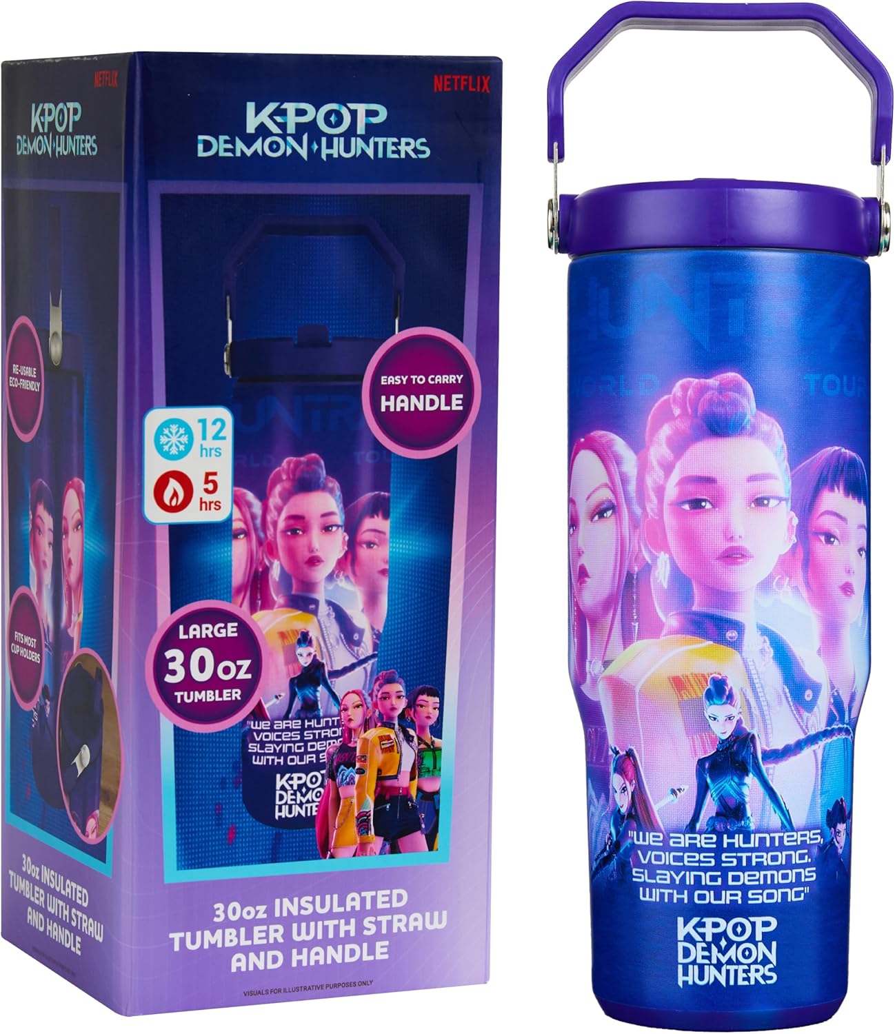 KPop Demon Hunters Official Tumbler 30oz/850ml, Insulated Water Bottle with Straw & Handle, Leakproof Stainless Steel Metal Flask for Hot Cold Drinks