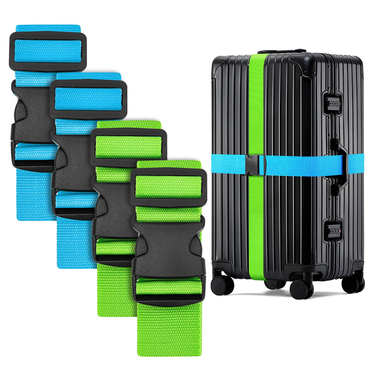 WISYOK Luggage Straps Extended, 4 Pack, 130-250cm Adjustable, Blue Orange