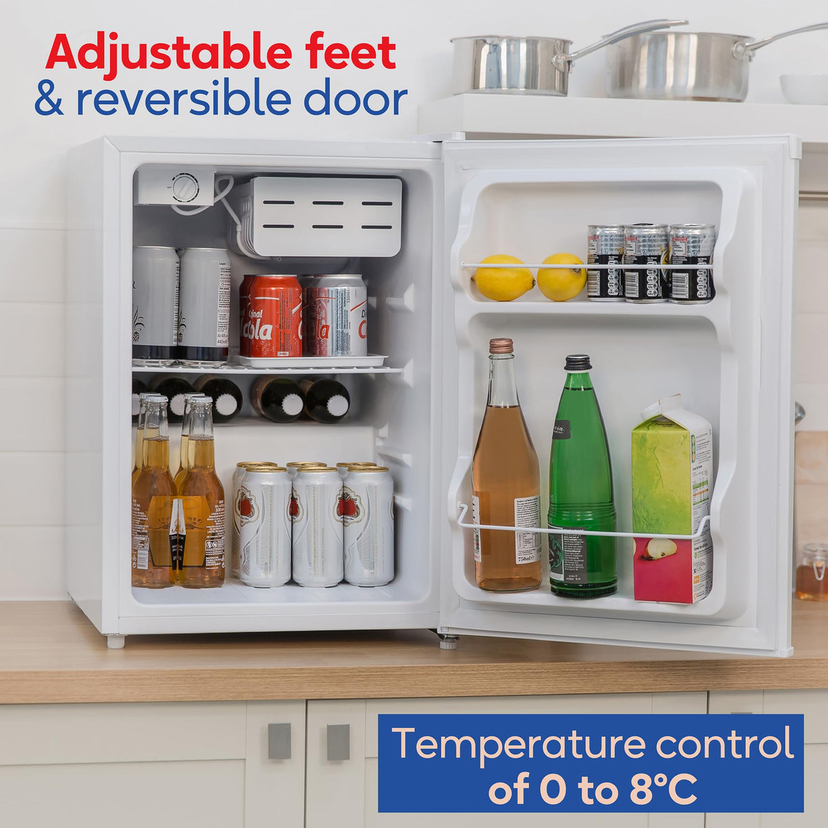 Russell Hobbs Table Top Larder Mini Fridge 66L Capacity, Reversible Door & Adjustable Feet, 0 to 8 Degrees Manual Temperature Control, Silver RH67TTLF0E1SS
