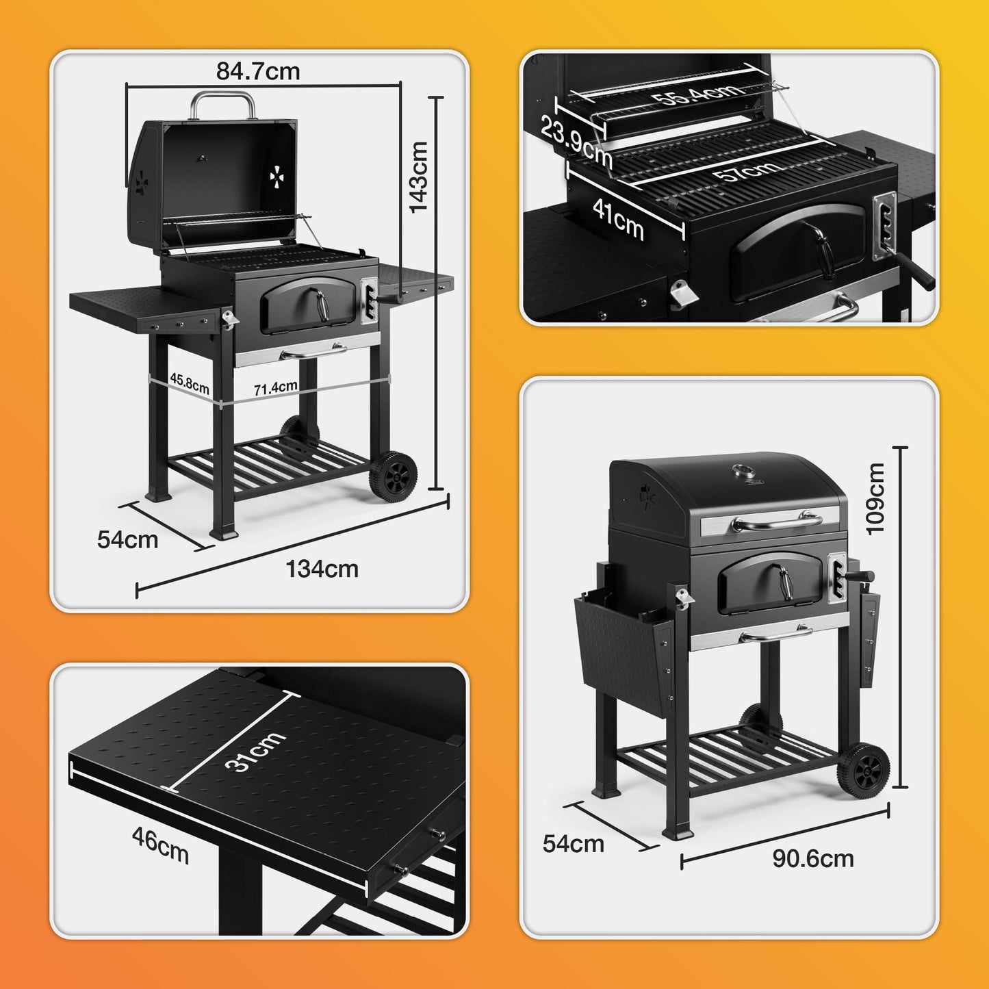 VonHaus Charcoal BBQ – XL Portable Barbecue with Warming Rack, Fold Down Shelves, Temperature Gauge, Wheels, Cooking Grill, Air Vents – 2 in 1 Barbeque and Smoker – Grill Meat, Fish & Vegetables
