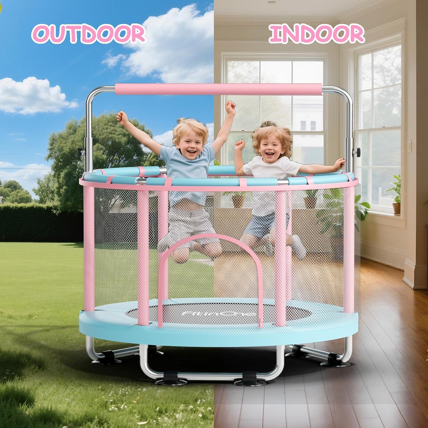 FitinOne 55" Toddler Trampoline with Safety Net, Gymnastics Bar, Swing & Rings