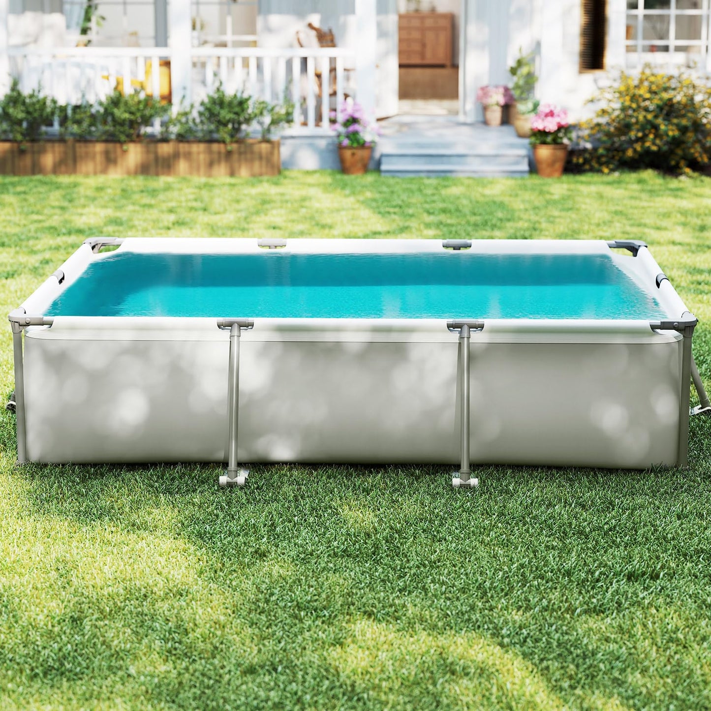 COSTWAY Above Ground Swimming Pool, Outdoor Round/Rectangular Large Framed Pool Set, Metal Frame Garden Family Pools for Kids and Adults (Gray, 300 x 207 x 66 cm, Rectangular)