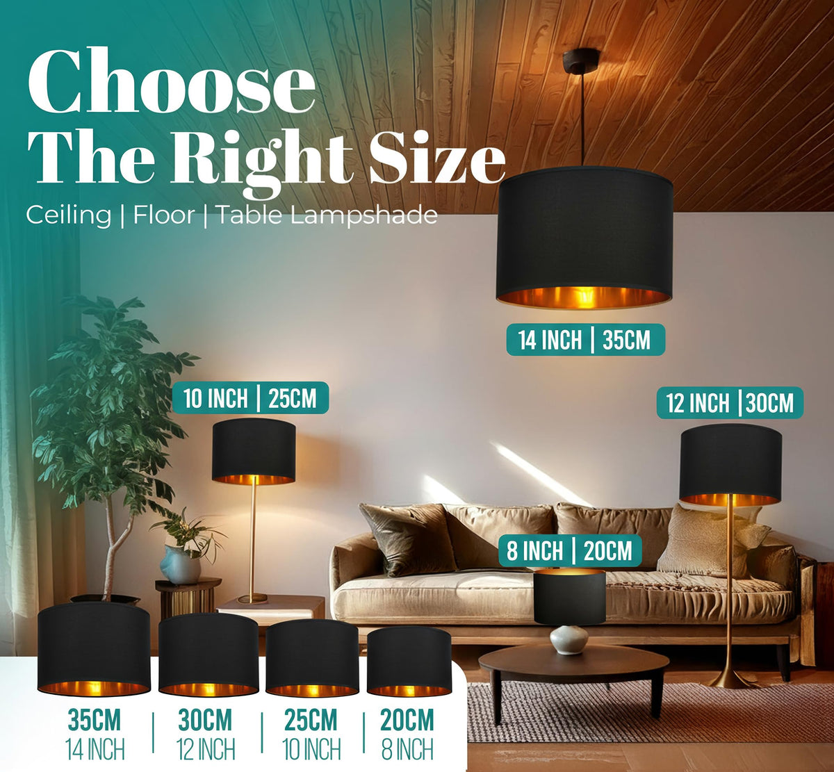 GIGGI Fabric Lamp Shades with Golden Inner Light Shade Ceiling – Modern Lampshades for Ceiling Lights, Lamp Shades for Table Lamps, Floor Lamps, Living Room, Bedroom, Home Décor (Green, 12")