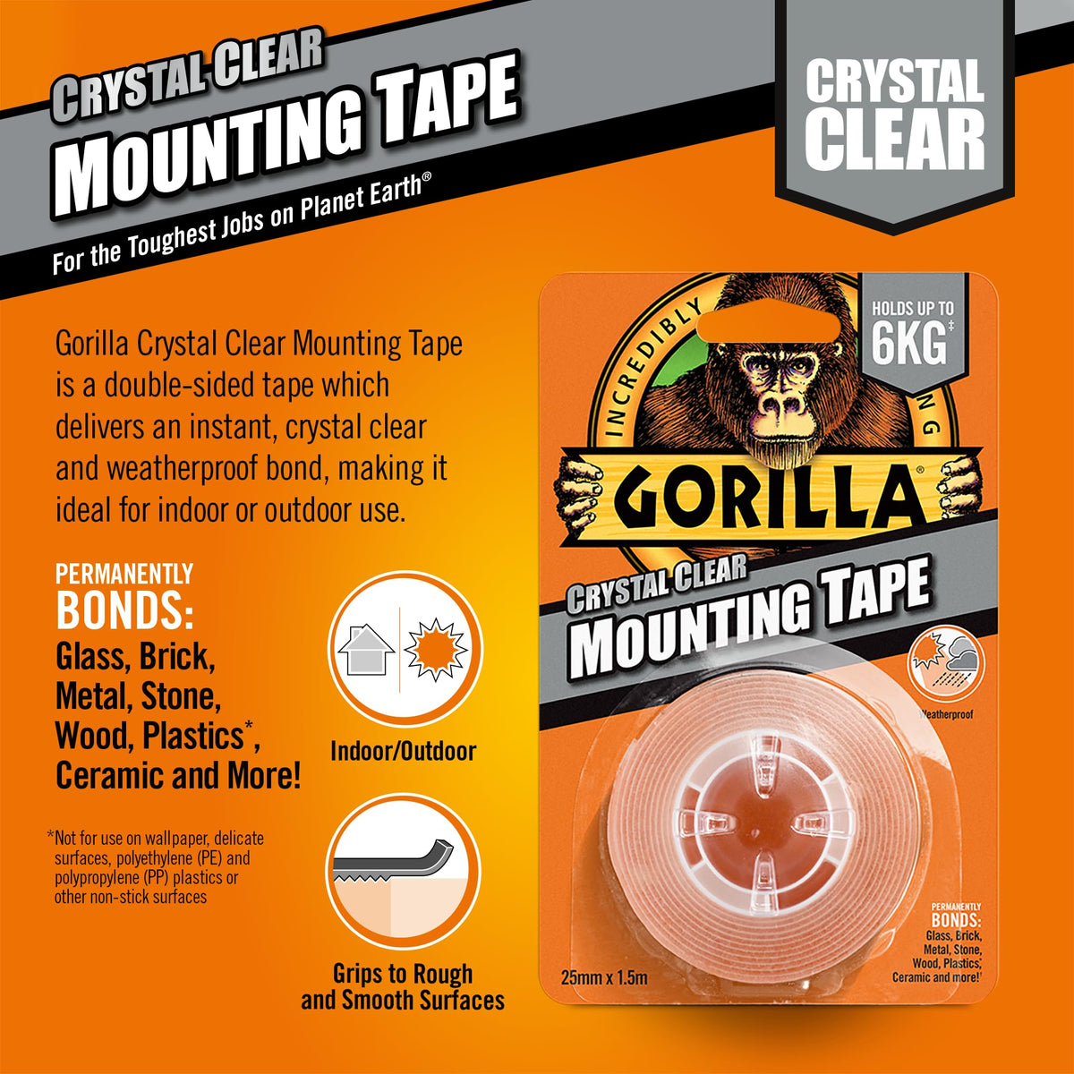 Gorilla Double Sided Mounting Tape Clear 1.5m, Pack of 1