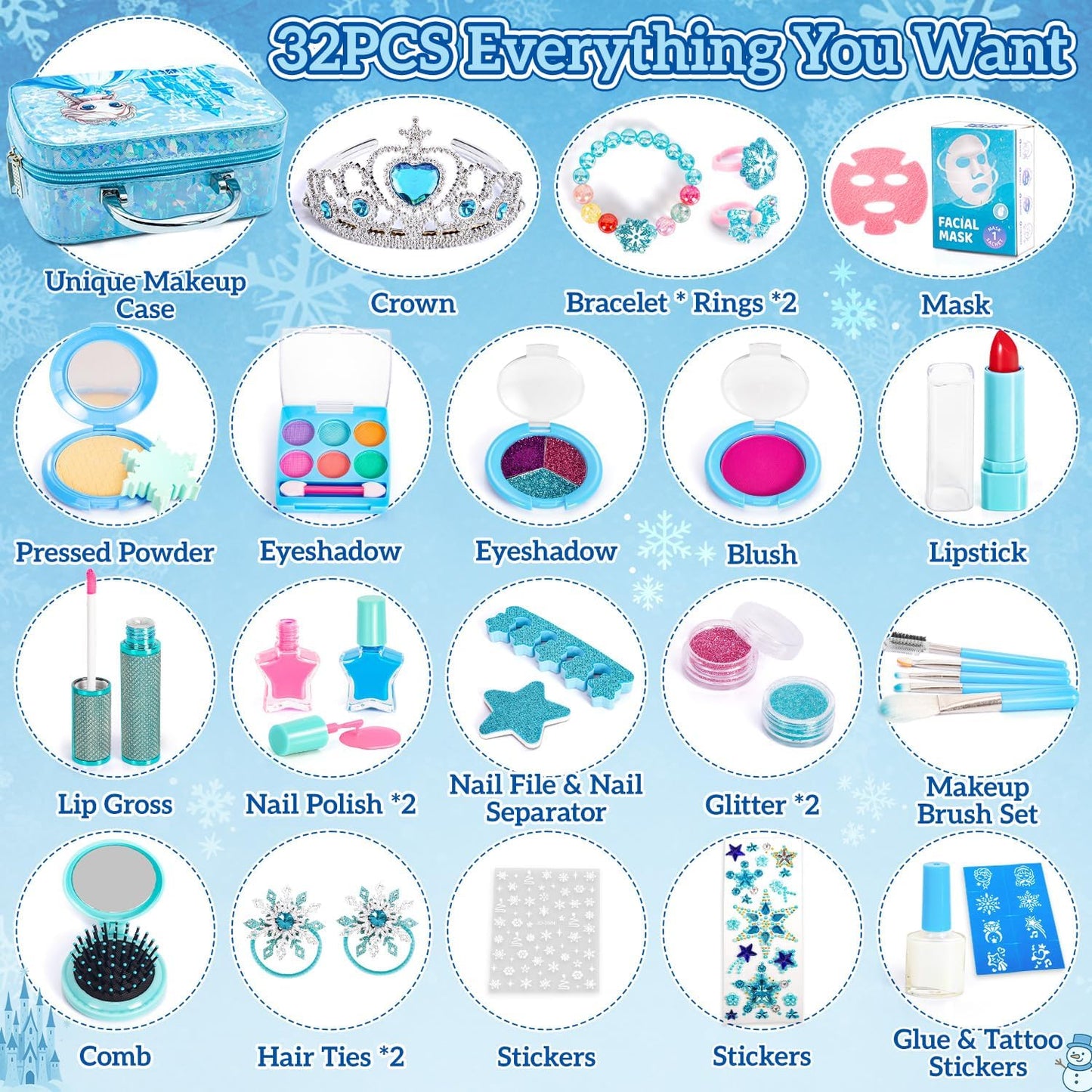 Hohosunlar Kids Makeup Sets for Girls, Washable Makeup Kit Girl Toys, Safe Pretend Play Princess Toys Make Up Set with Water-Base Peel-off Nail Polish Christmas Birthday Gift for Toddlers Ages 4-12