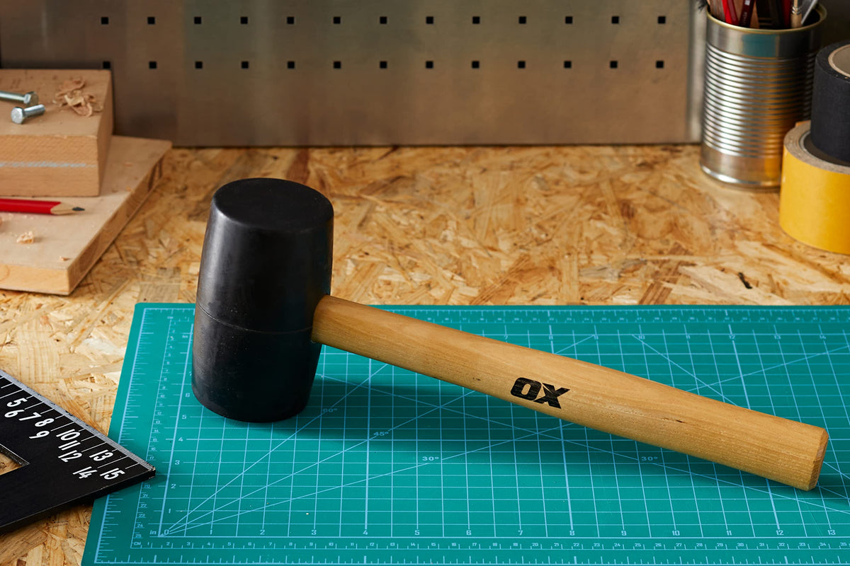 OX Trade Black Rubber Mallet 16oz / 450g, Non-Marking Hammer, Wooden Handle