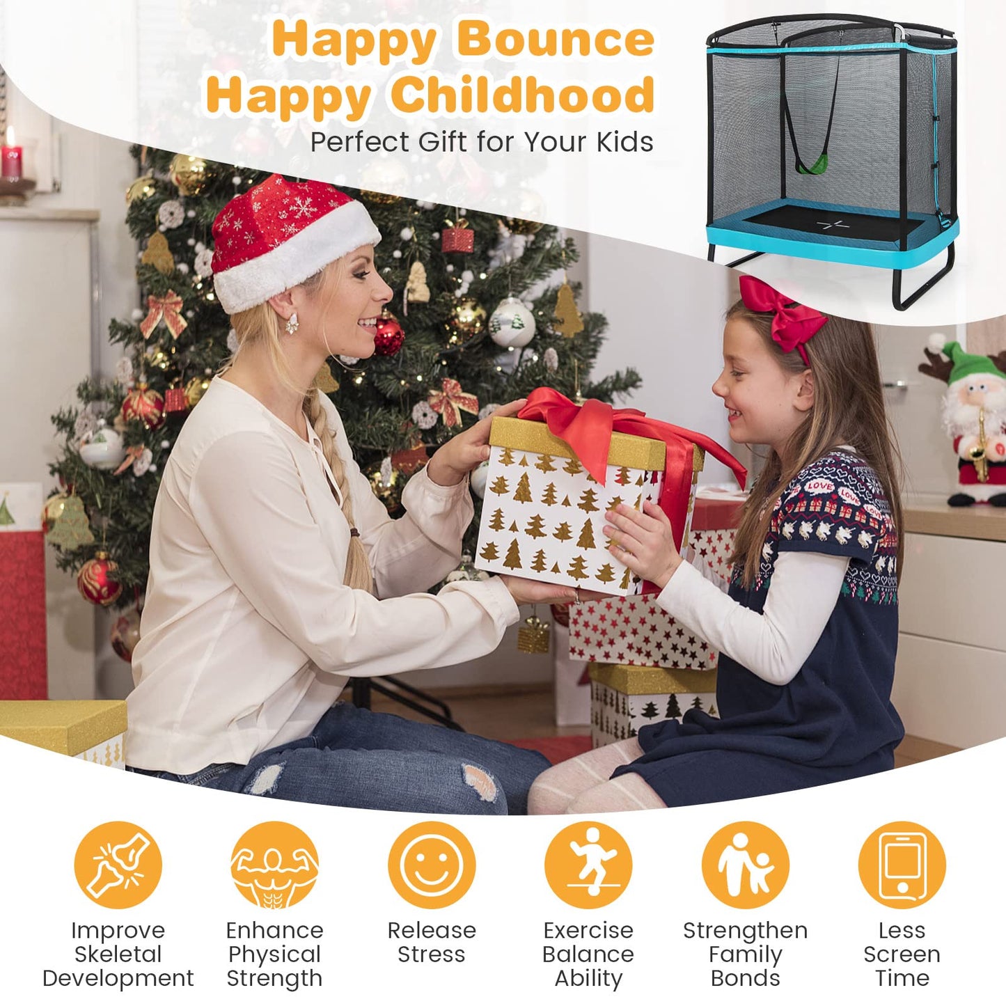 COSTWAY 6FT Kids Trampoline, 2 in 1 Toddler Trampolines with Swing and Enclosure Safety Net, Rectangle Trampoline for Outdoor
