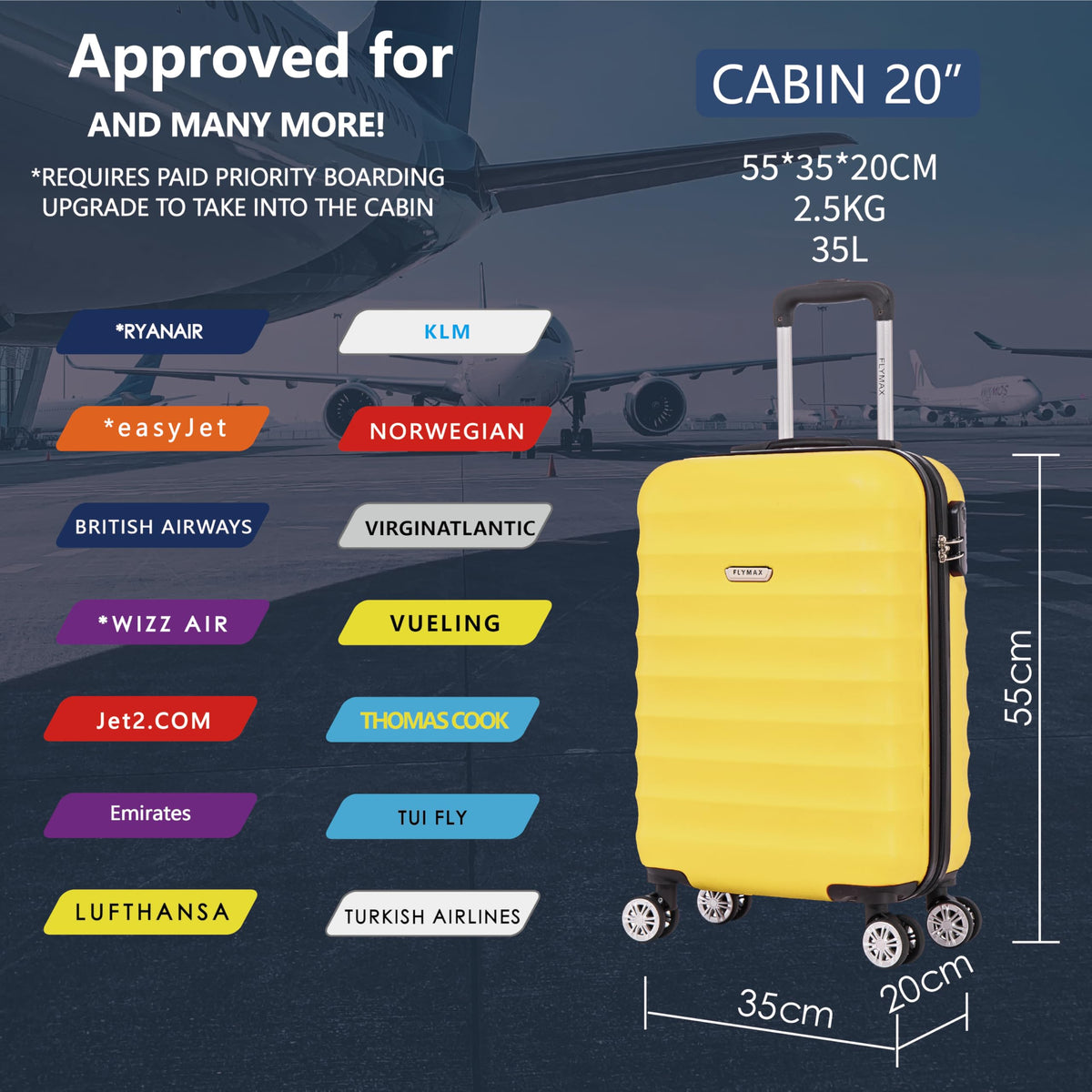 FLYMAX 55x40x20 Ryanair Cabin Bag Hand Luggage Lightweight Suitcase Approved Carry on Luggage Case 2.5KG 40L Royal