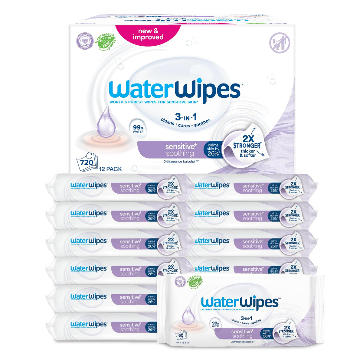WaterWipes Sensitive+ Soothing Wipes, 99% Water, Unscented, 6 Pack