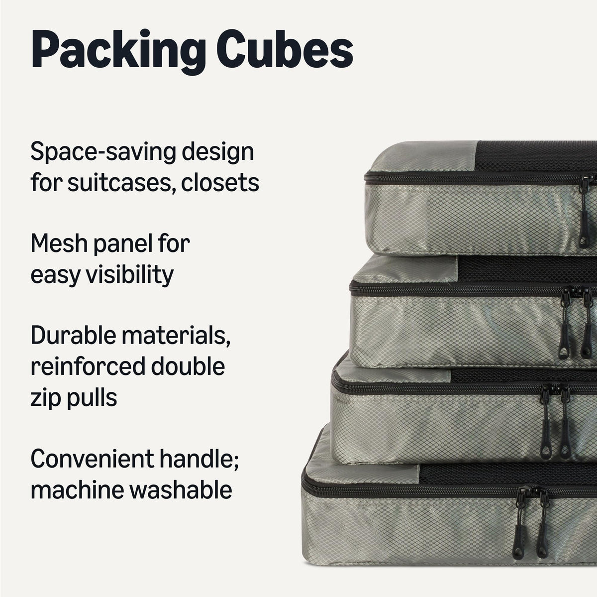 Amazon Essentials 4-Piece Packing Cubes Travel Accessories Set, Luggage Organiser with Double Zip, Mesh Top, 100% Polyester, Medium, Black (Previously Amazon Basics)