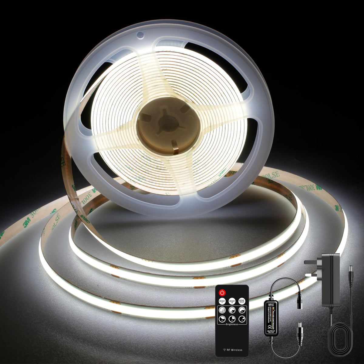 TTWAY COB LED Strip Lights 2700K, Dimmable LED Strip Kit, Super Bright 24V LED Tape Lights CRI90+ with RF Remote and UKCA Power Supply for DIY Home Decoration, 5M, 2400LEDs, Warm White.