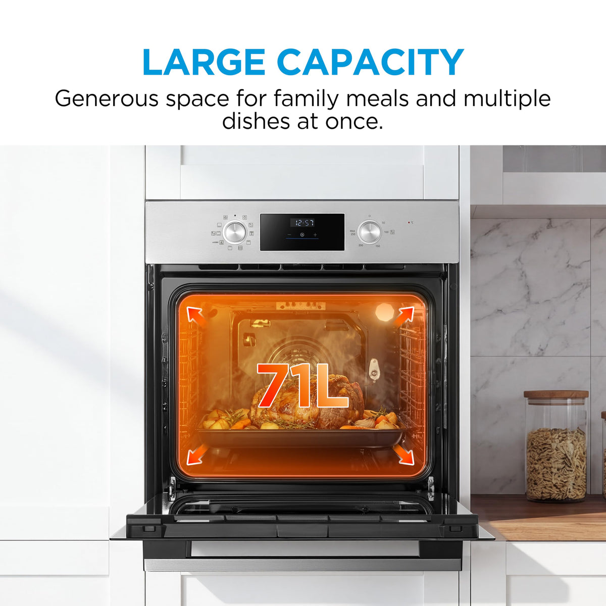 Midea 71L, 60cm Wide, Single Electric Built-in Fan Oven with Air Fry, 12 Oven Functions, Aqua Clean, LED Display, Convection, ECO, MultiLevel Cooking, Color Black - MBO65M90D2-BK