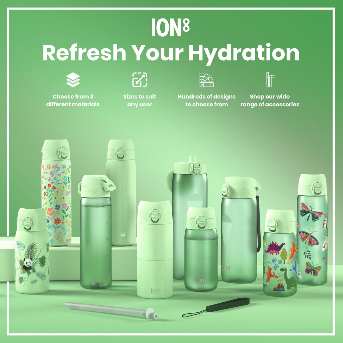 Ion8 Water Bottle, 500 ml/18 oz, Leak Proof, Easy to Open, Secure Lock, Dishwasher Safe, Hygienic Flip Cover, Carry Handle, Fits Cup Holders, Easy Clean, Hot Pink