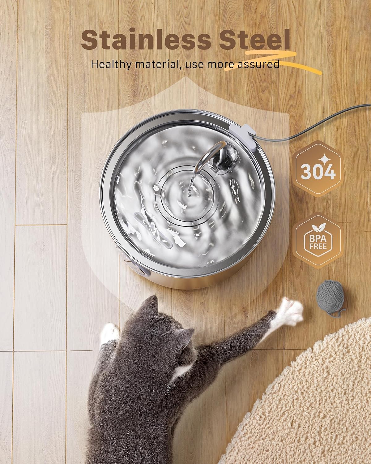 Cat Water Fountain Stainless Steel: Water Fountain Cat Bowl - 3.2L Drinking Fountains for Cats - Pet Water Dispenser - with 6 Carbon Filters + 3 Sponges