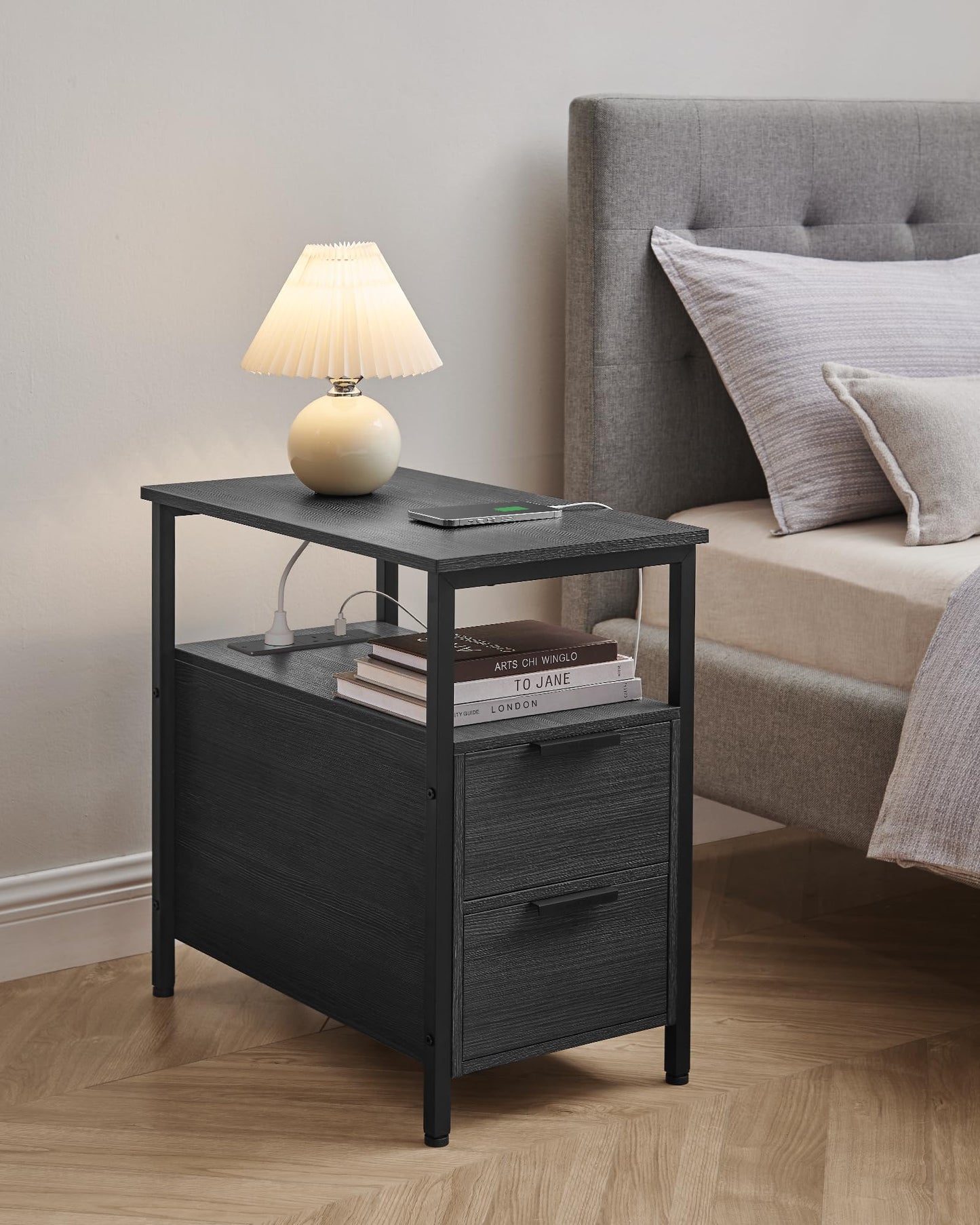 VASAGLE Slim Side Table with Charging Station, Narrow End Table with 2 Drawers, Bedside Table with Storage, for Living Room, Bedroom, Rustic Brown and Classic Black LET326B01