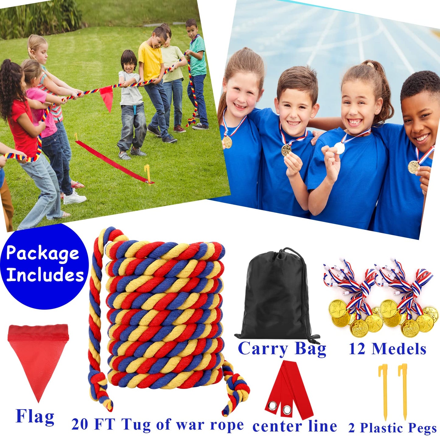 Tug of War Rope 20FT for Kids and Adults, Outdoor Field Day Lawn Yard Family Reunion Birthday Party Games, Outside Backyard Camping Picnic Game,Carnival Games Fun for Team Building Activities
