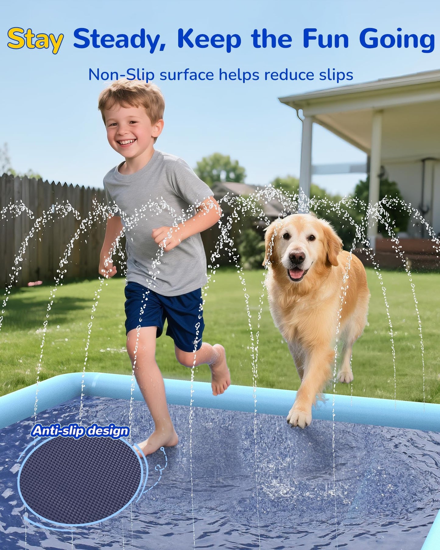 Square Splash Pad for Kids & Dogs, Non-Slip Sprinkler Water Play Mat for Kids, Reinforced Edge Outdoor Paddling Water Garden Toys Games for Kids, Pets, Beach & Backyard Summer Fun (79 inches)