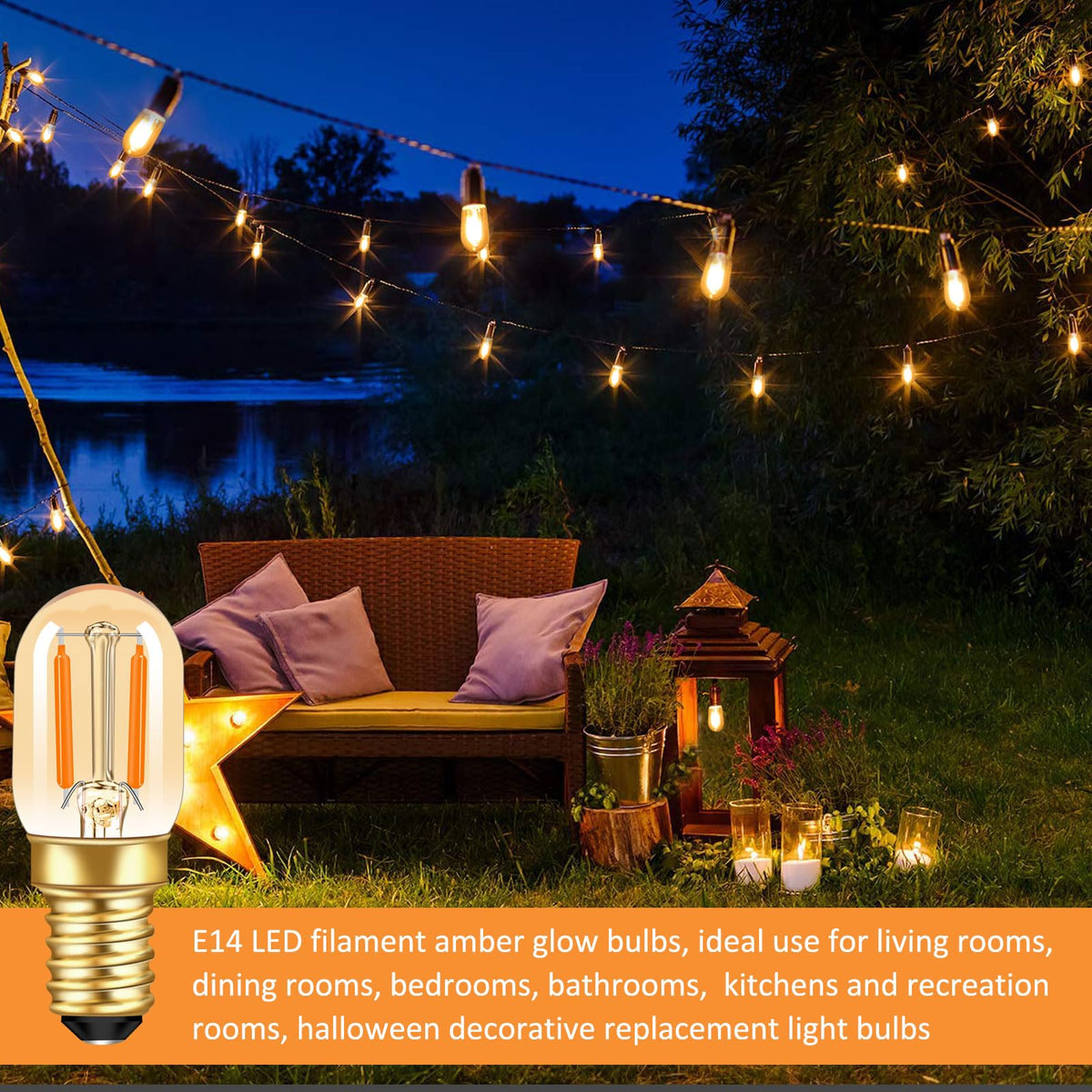Caldarax 0.5W E14 LED Vintage Night Light Bulb, Mini C7 LED Filament Candle Bulbs Amber Warm White 2200K E14 Orange SES Small Edison Screw Salt Lamp Bulbs, 5W Equivalent, Non Dimmable, 2 Pack